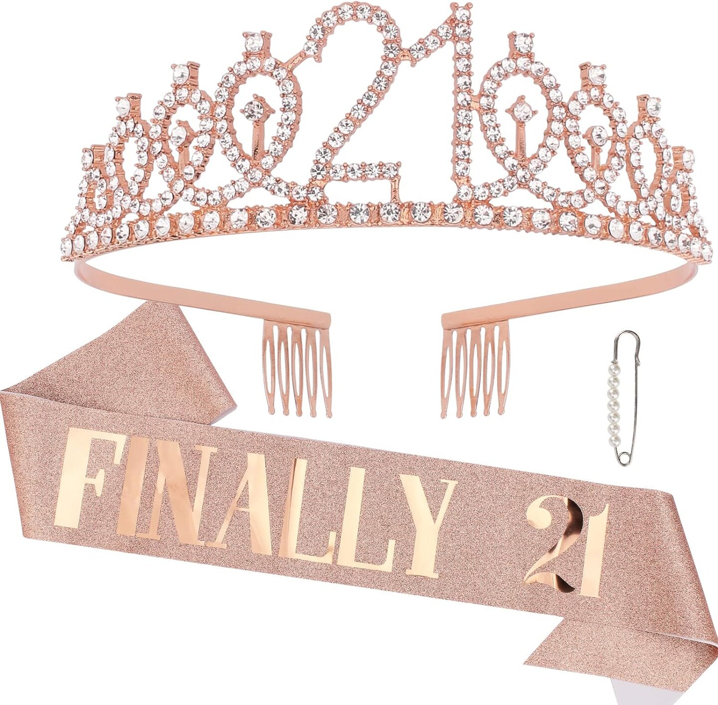 Rose Gold Finally 21 Birthday Sash and Crown for Women 21st Birthday Tiaras and Sash Set for Women Birthday Decorations Rose Gold Birthday Queen Crowns Tiaras for Women
