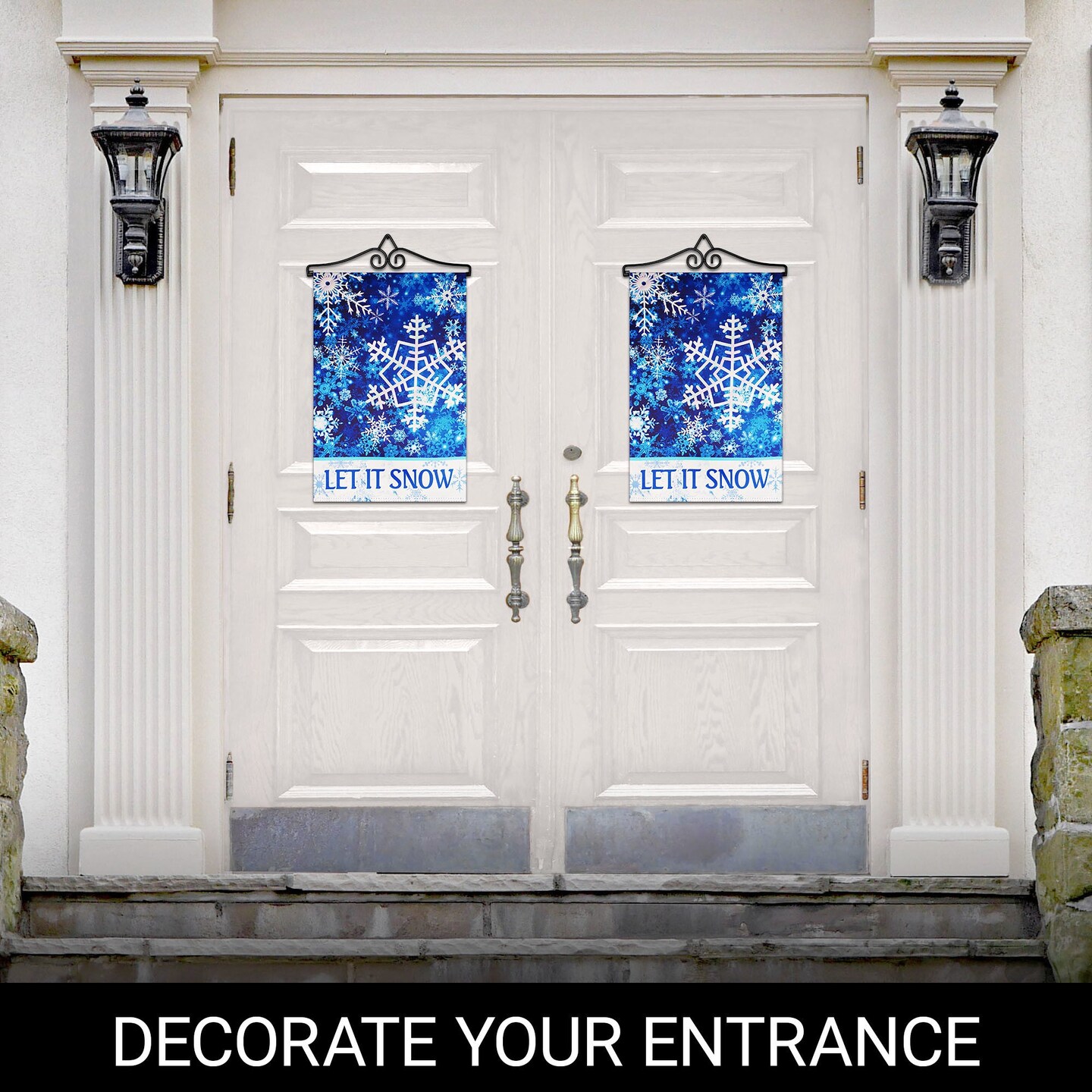 G128 Combo Pack Garden Flag Hanger 14IN & Garden Flag Let It Snow Snowflakes 12x18IN Printed Double Sided Blockout Fabric