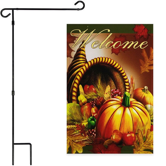 G128 Combo Pack: Garden Flag Stand Black 36x16 Inch &#x26; Garden Flag Welcome Cornucopia with Pumpkin 12x18 Inch