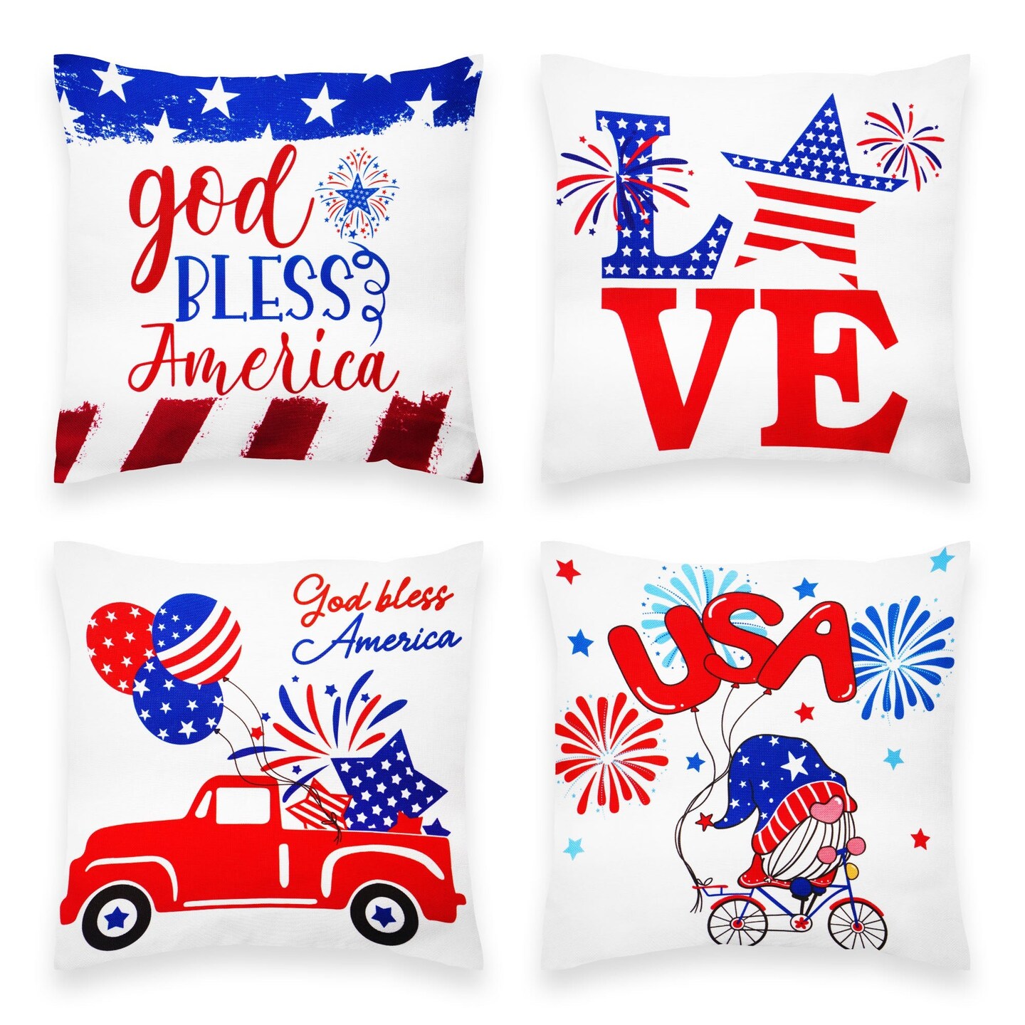 G128 Patriotic Decoration Gnome &#x26; Fireworks Waterproof Throw Pillow | 18 x 18 in | Set of 4, Beautiful Cushion Covers for Independence Memorial Day Sofa Couch Decoration, Pillow Insert Included