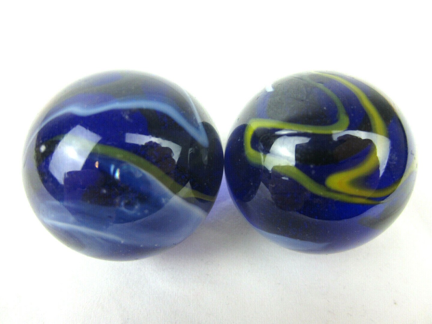 2 Boulders 35mm MICHELANGELO Marbles glass Clear Cobalt Blue Swirl