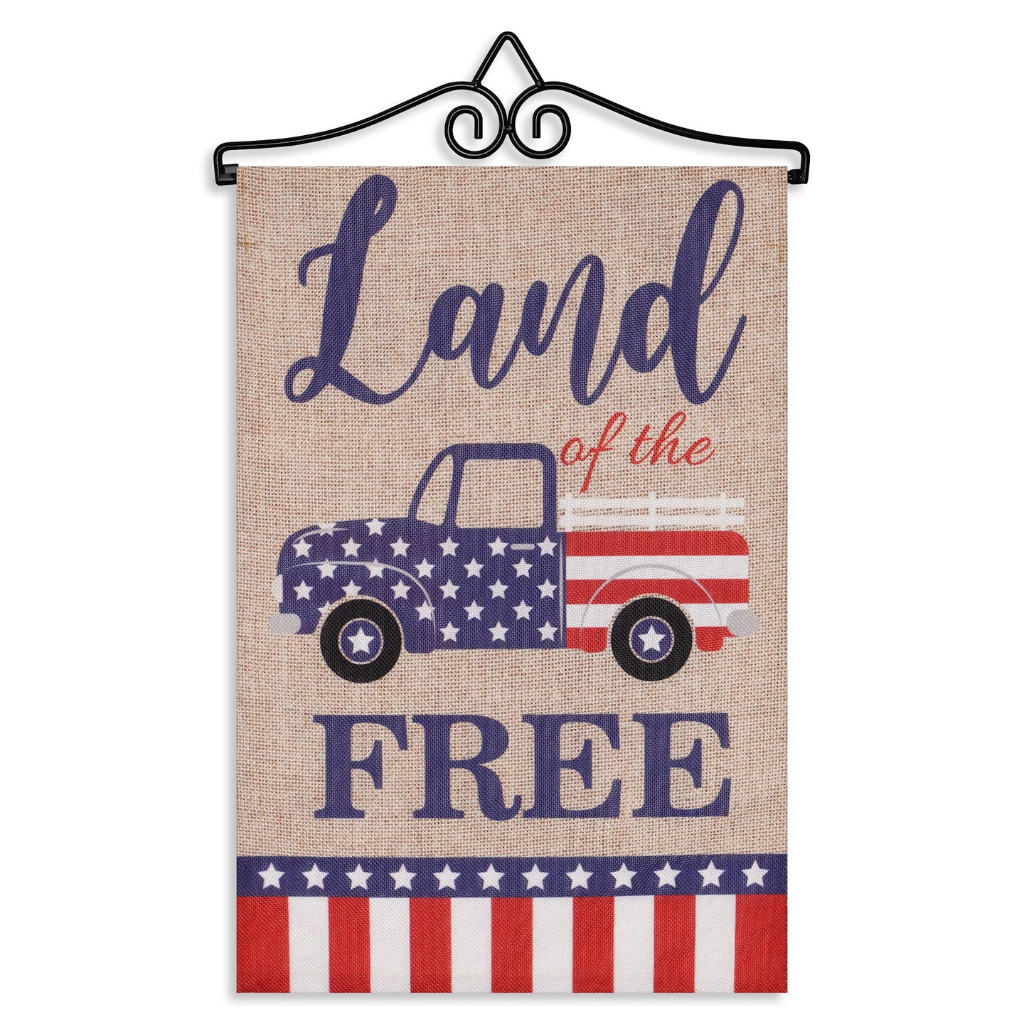 G128 Combo Pack Garden Flag Hanger 14IN & Garden Flag Land of the Free American Truck 12x18IN Printed Double Sided Burlap Fabric