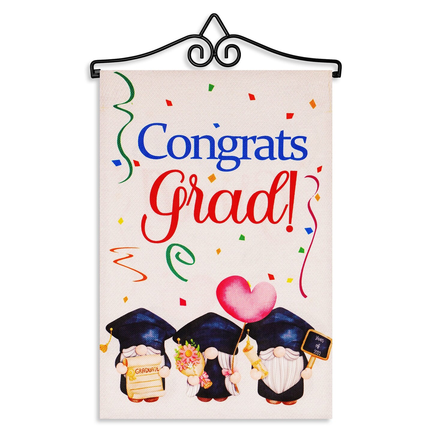 G128 Combo Pack Garden Flag Hanger 14IN &#x26; Garden Flag Congrats Grad 3 Gnomes Graduating 12x18IN Printed Double Sided Burlap Fabric