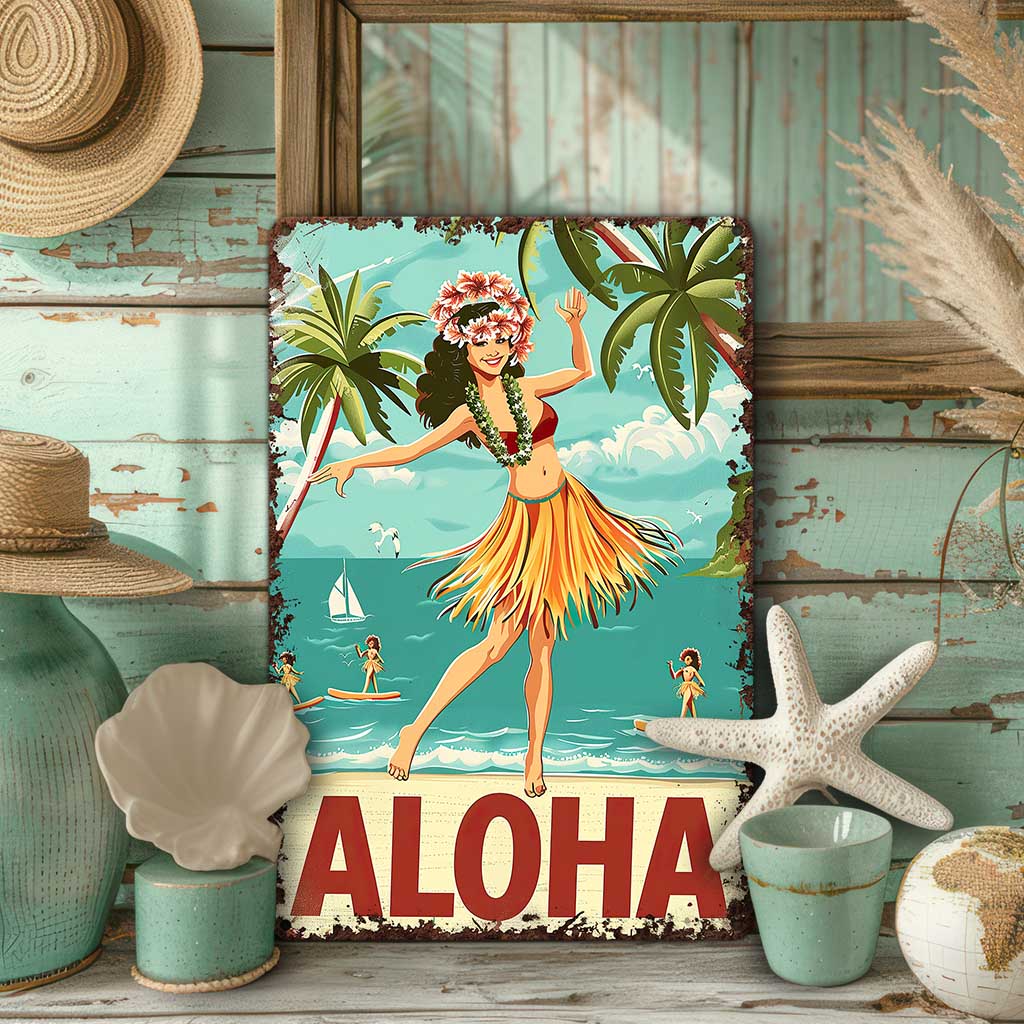 Aloha Decor Sign - Retro Hawaii Hulu Dancer Wall Decoration For