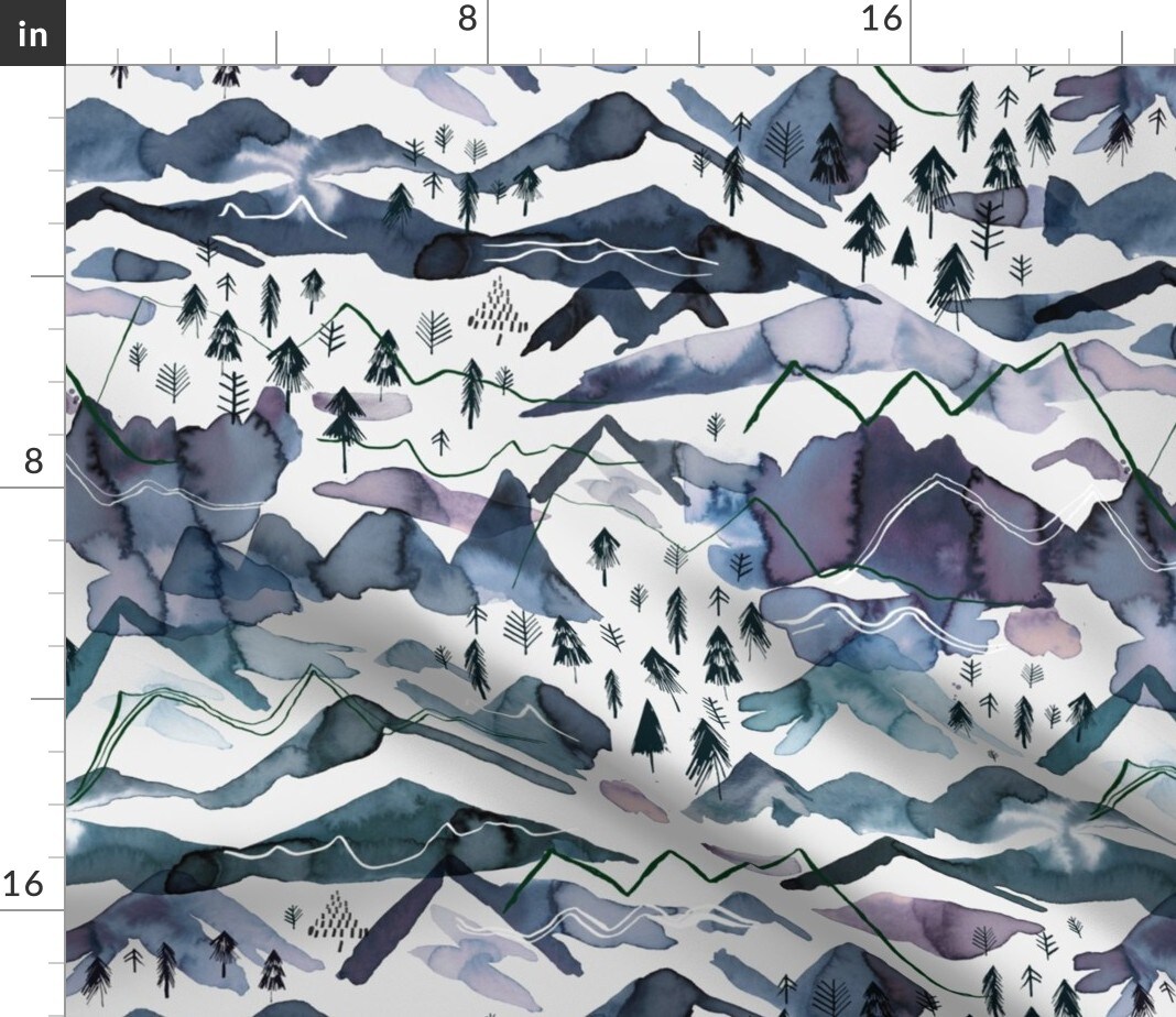 Blue Nature Mountains Watercolor Forest Winter Landscape Outdoors Woodland Countryside Holiday Custom Printed Fabric by Spoonflower Various Fabrics by the Yard or Fat Quarter