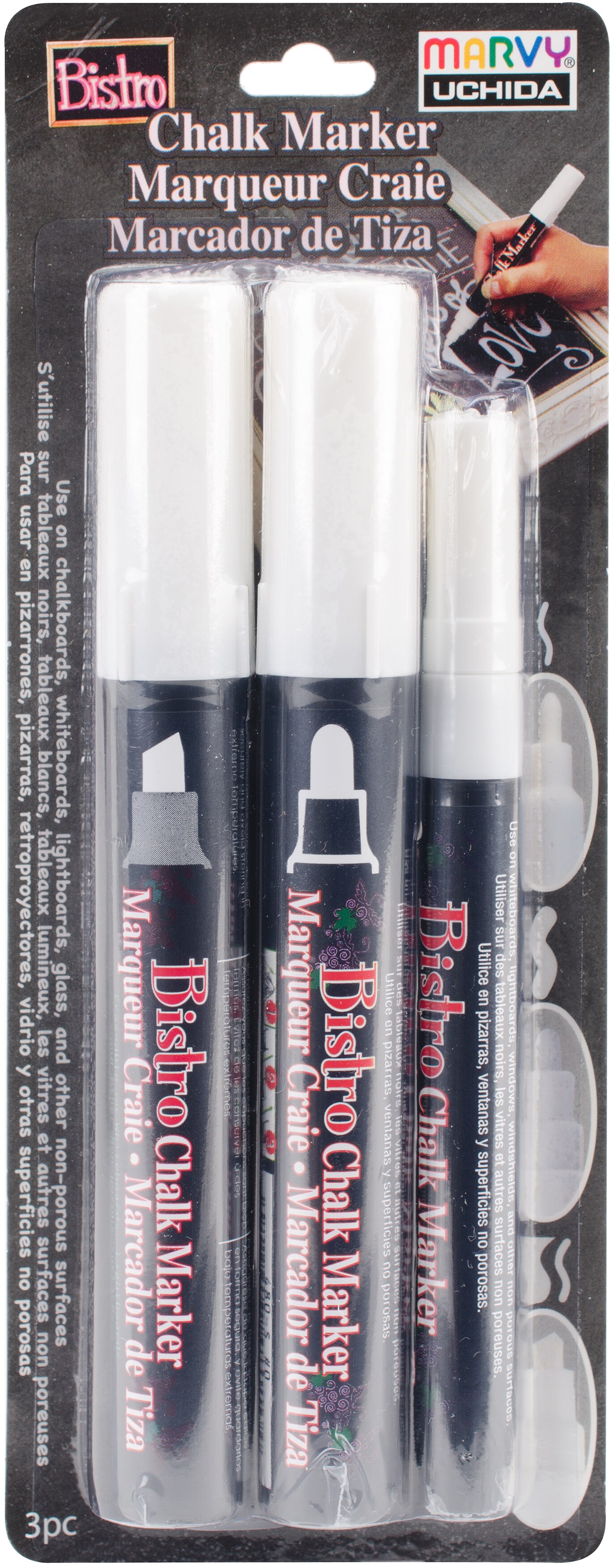 Uchida Bistro Chalk Marker Set 3/Pkg-White - Chisel, Broad & Fine Tip