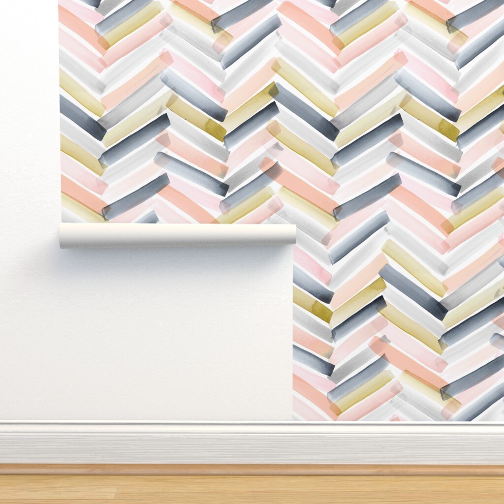 Chevron Blush Navy Pink Stripe Gray Mustard Modern Watercolor Herringbone Geometric Custom Pre-pasted Wallpaper by Spoonflower Pre-Pasted Wallpaper 2FT Wide