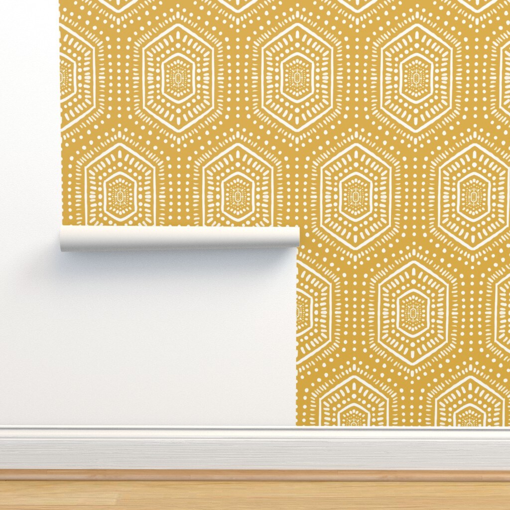 Bohemian Mudcloth Hexagon Geometric Sunflower Yellow Textured Look Custom Removable Wallpaper by Spoonflower Peel & Stick Wallpaper 2FT Wide
