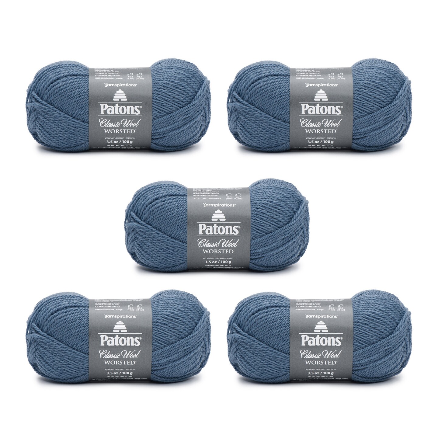 Patons Classic Wool Country Blue Yarn - 5 Pack of 3.5oz/100g - Wool - 4 Medium - 210 Yards - Knitting/Crochet