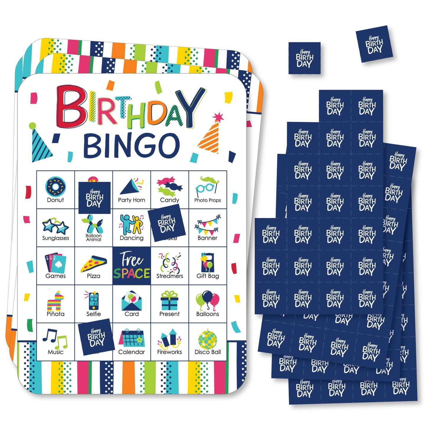 Big Dot of Happiness Cheerful Happy Birthday - Picture Bingo Cards and Markers - Birthday Party Bingo Game - Set of 18