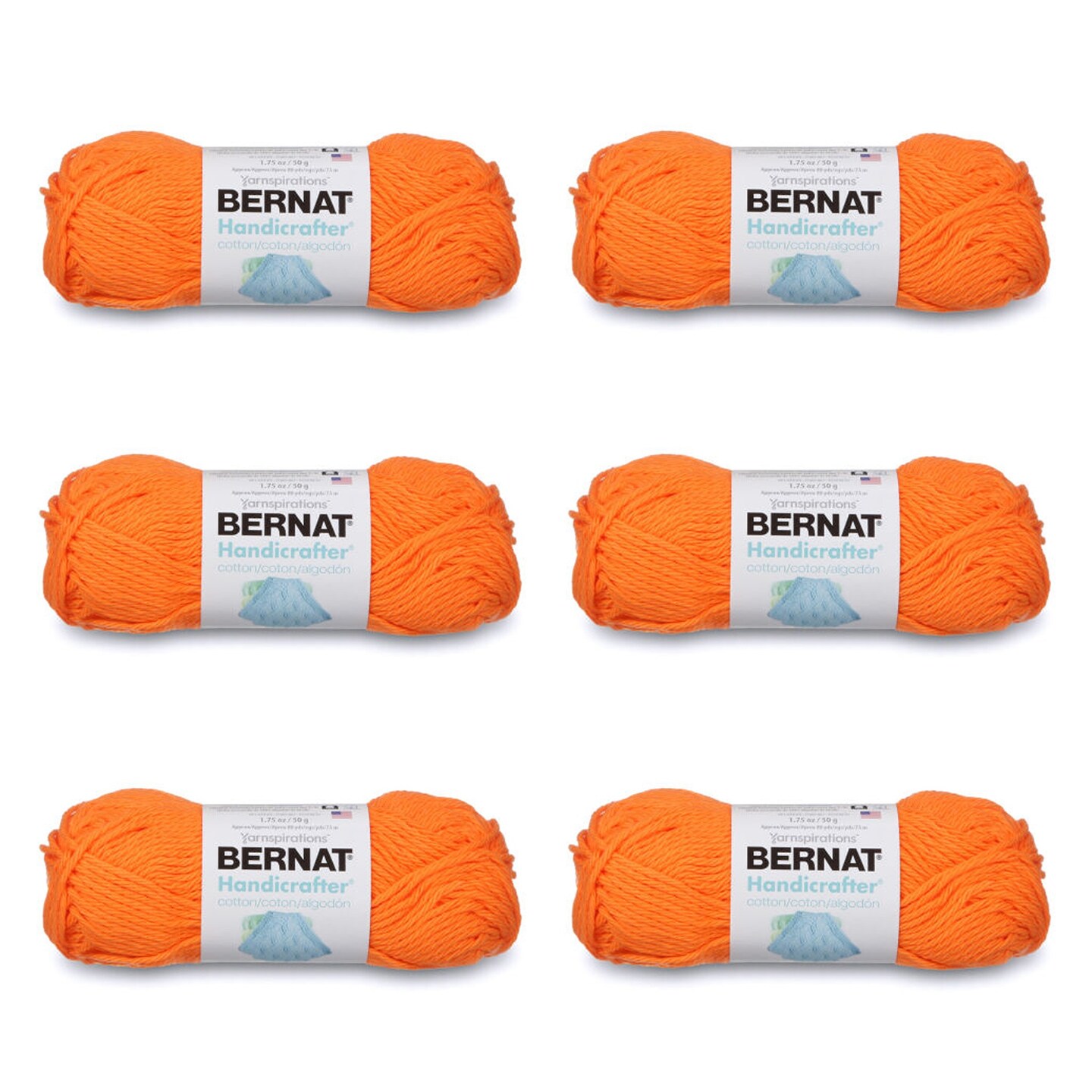 Bernat Handicrafter Cotton Hot Orange Yarn - 6 Pack of 50g/1.75oz - Cotton - 4 Medium (Worsted) - 80 Yards - Knitting/Crochet