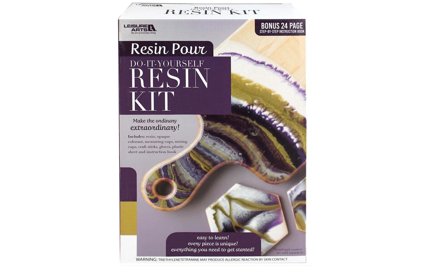 Leisure Arts Resin Pour Do-It-Yourself Kit Purple With Box, purple, gold, and white, learn to mix and pour resin, 24 page instructions, beginner skill level,