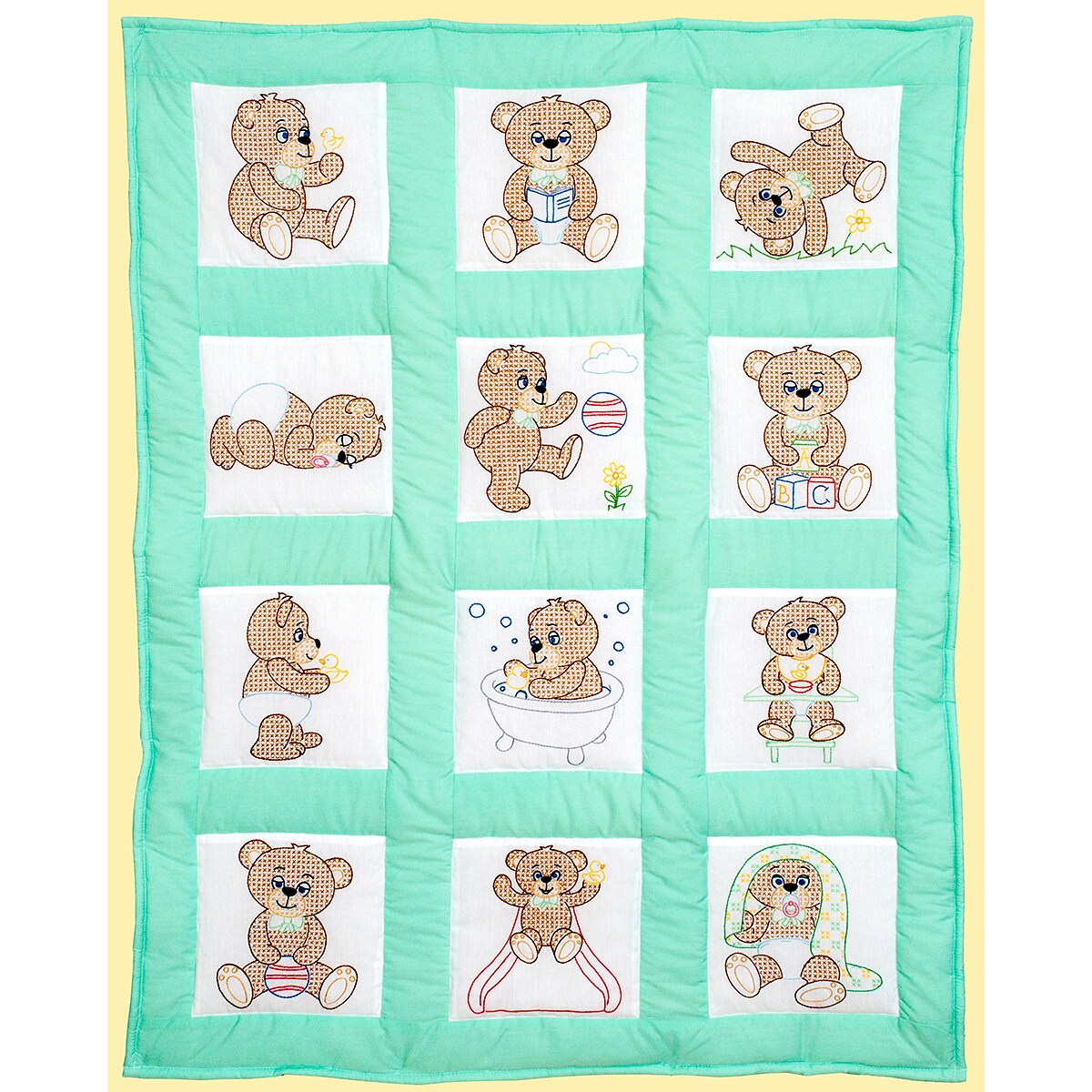 Jack Dempsey Stamped White Nursery Quilt Blocks 9"X9" 12/Pkg-Teddy Bears