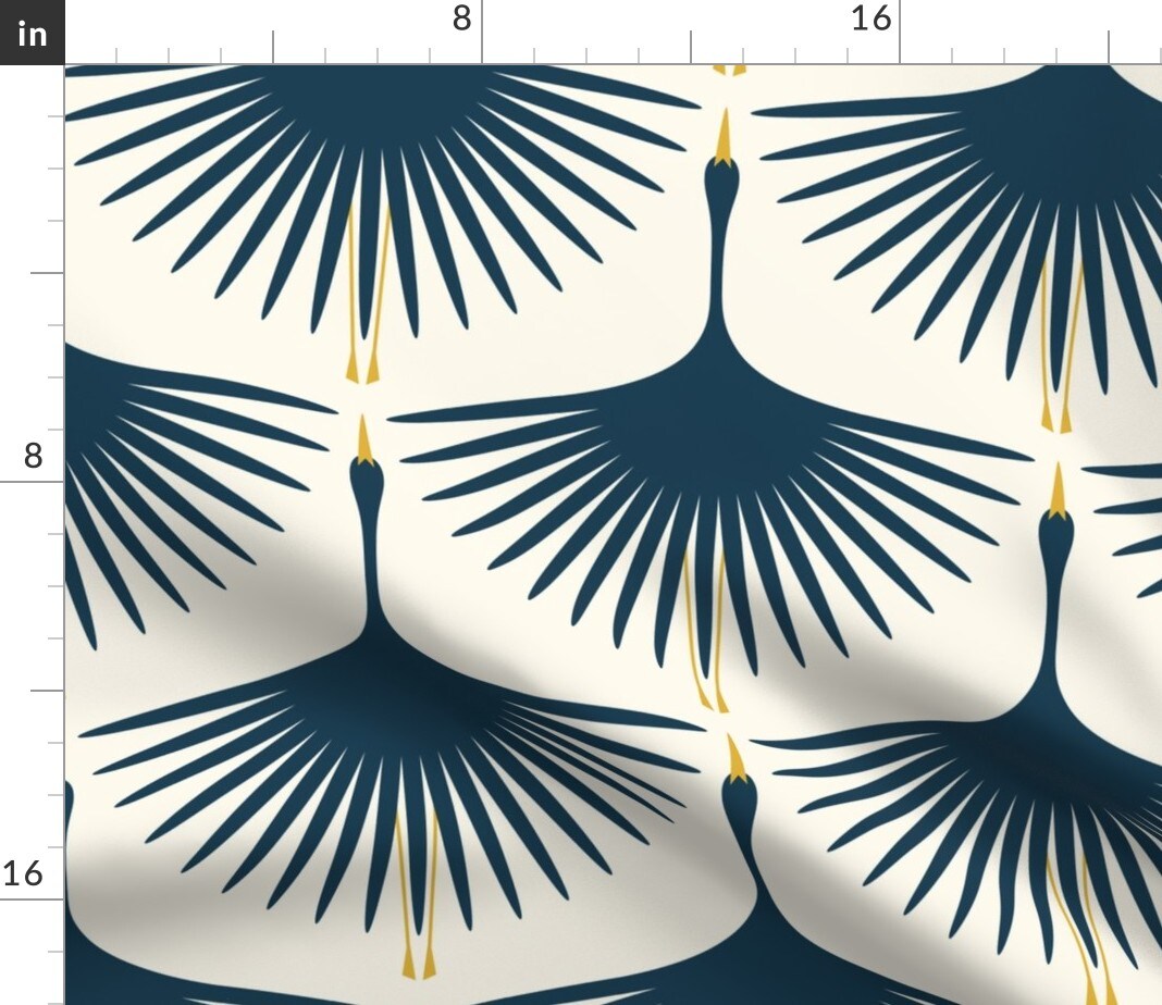 Dark Blue Swans And Cream Mid Century Modern Art Deco Inspired Flying Cranes Custom Printed Fabric by Spoonflower Various Fabrics by the Yard or Fat Quarter