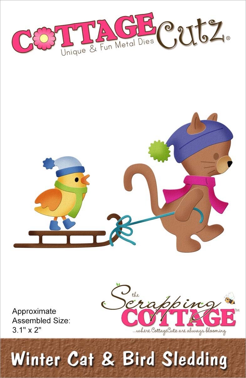Cottagecutz Dies-Winter Cat &#x26; Bird Sledding 3.1&#x22;X2&#x22;