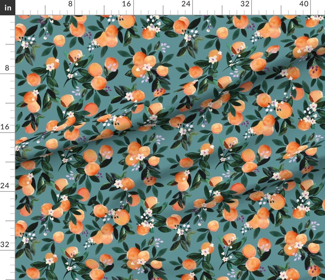Citrus Flowers Teal Orange Watercolor Mandarin Oranges Custom Printed Fabric by Spoonflower Various Fabrics by the Yard or Fat Quarter