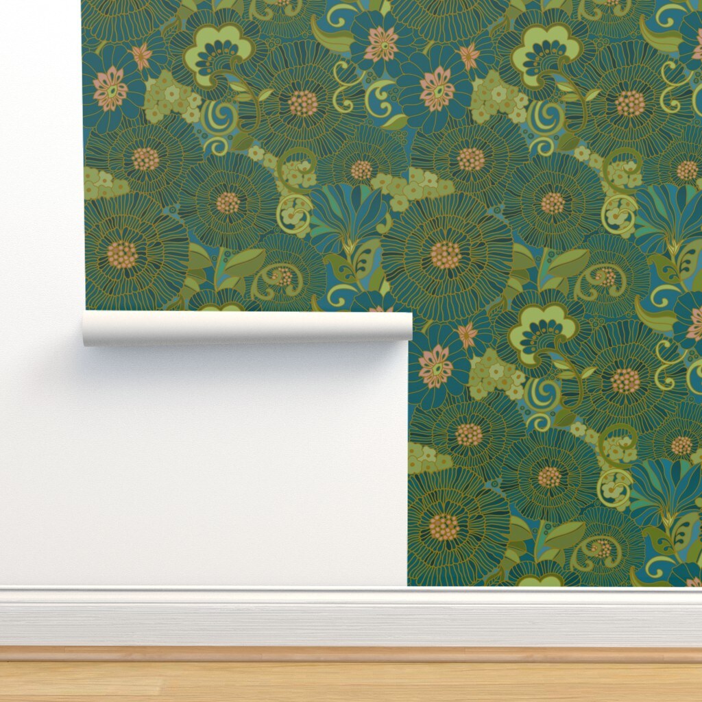Vintage Style Floral Vintage Floral Retro Modern Kaleidoscope 1970S Large Scale Hawaii African Green Blue Yellow Custom Pre-pasted Wallpaper by Spoonflower Pre-Pasted Wallpaper 2FT Wide