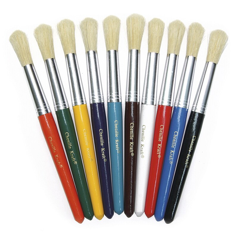 Beginner Paint Brushes, Round Stubby Brushes, 10 Assorted Colors, 7.5 