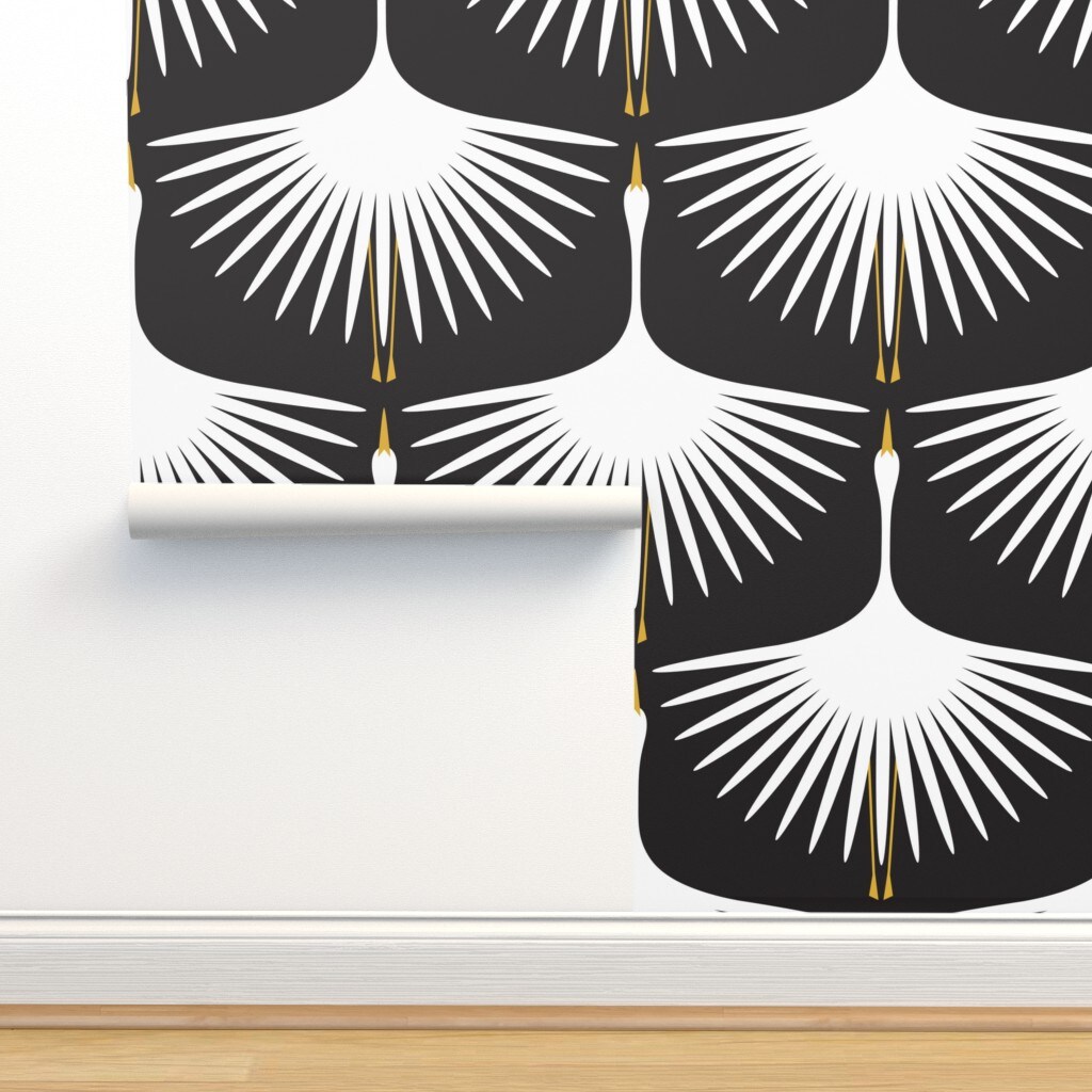 Art Deco Crane White Black Bird Geometric Feather Elegant Swan Custom Removable Wallpaper by Spoonflower Peel & Stick Wallpaper 2FT Wide
