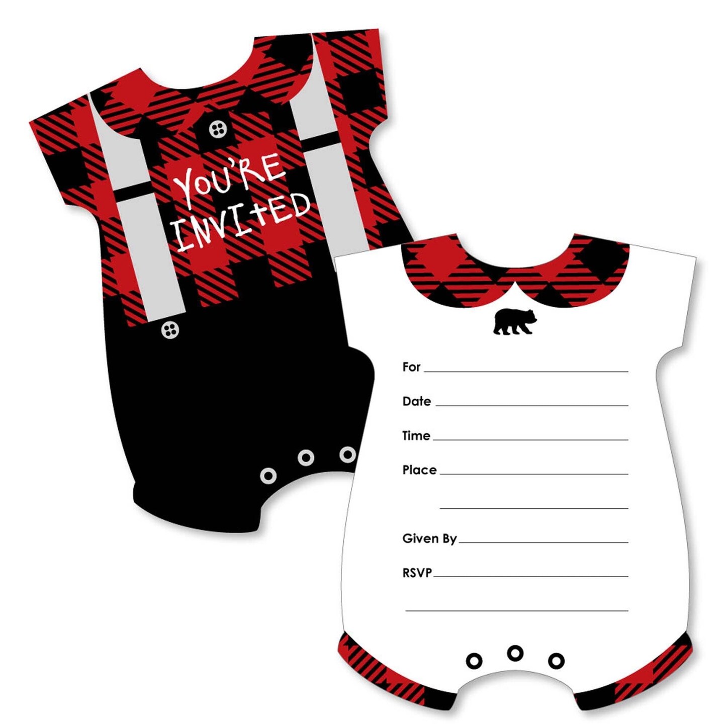 Big Dot of Happiness Lumberjack - Baby Bodysuit - Shaped Fill-in Invites - Baby Shower or 1st Birthday Party Invite Cards with Envelopes - Set of 12