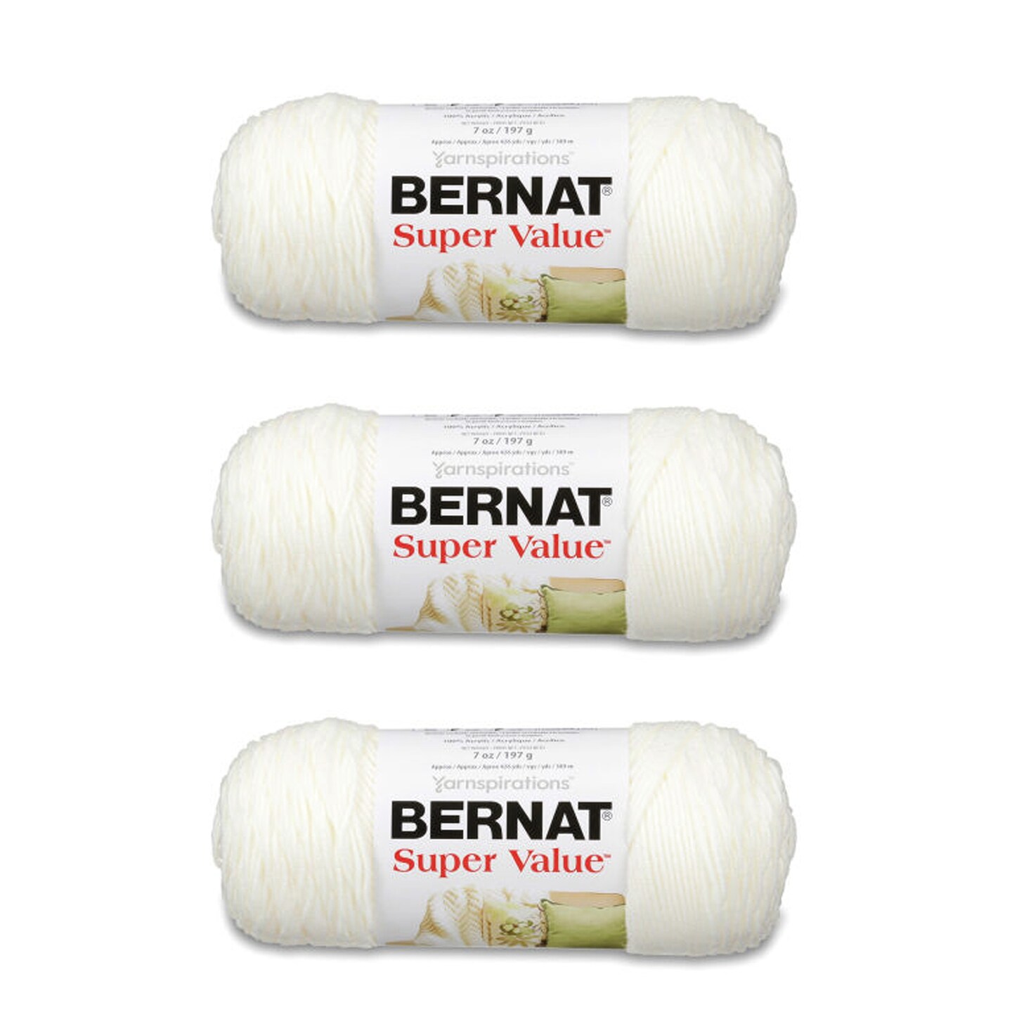 Bernat Super Value Winter White Yarn - 3 Pack of 198g/7oz - Acrylic - 4 Medium (Worsted) - 426 Yards - Knitting/Crochet
