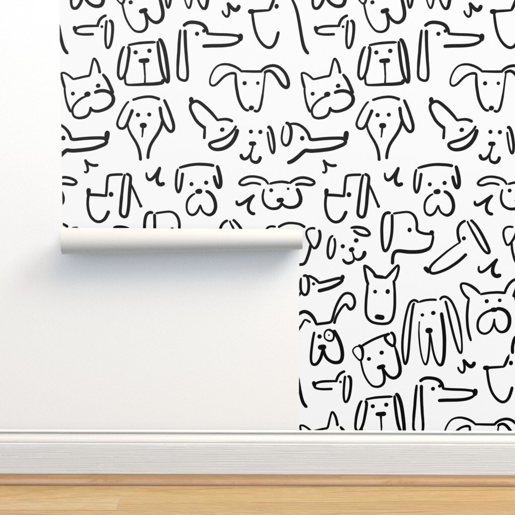 Doodle Dogs Black And White Cute Modern Whimsical Dog Custom Removable Wallpaper by Spoonflower Peel & Stick Wallpaper 2FT Wide