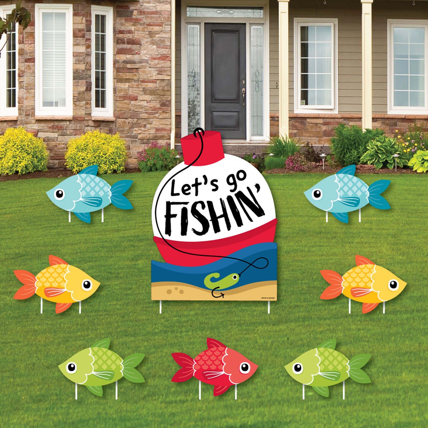 Big Dot of Happiness Let&#x27;s Go Fishing - Yard Sign and Outdoor Lawn Decorations - Fish Themed Birthday Party or Baby Shower Yard Signs - Set of 8