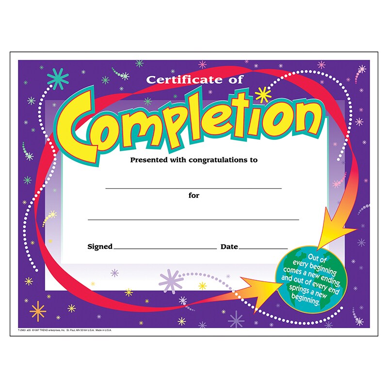Certificate of Completion Colorful Classics Cert&#x27;s., 30 ct