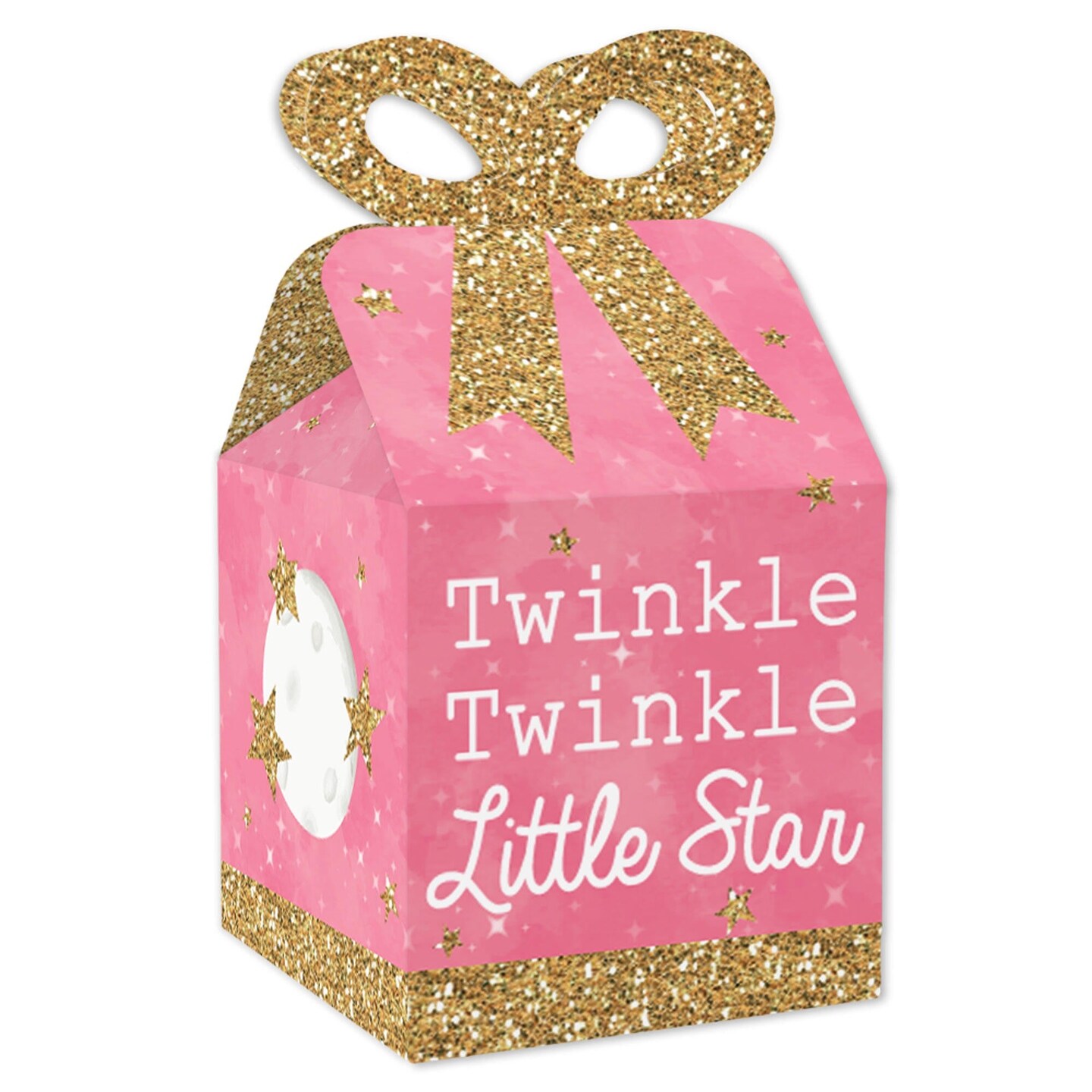 Big Dot of Happiness Pink Twinkle Twinkle Little Star - Square Favor Gift Boxes - Baby Shower or Birthday Party Bow Boxes - Set of 12
