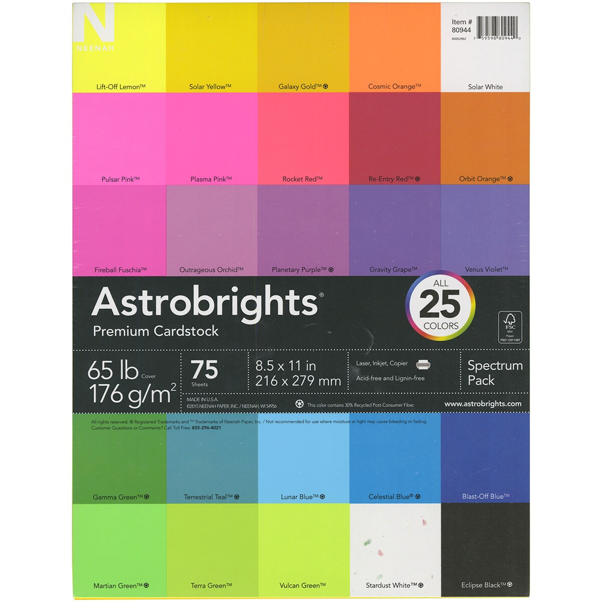 Neenah Astrobrights Spectrum Cardstock Pack 8.5&#x22;X11&#x22; 75/Pkg-25 Colors