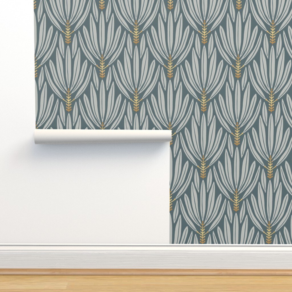 Art Deco Neutral Gray Leaves Simple Minimal Palm Frond Large Scale Custom Removable Wallpaper by Spoonflower Peel & Stick Wallpaper 2FT Wide