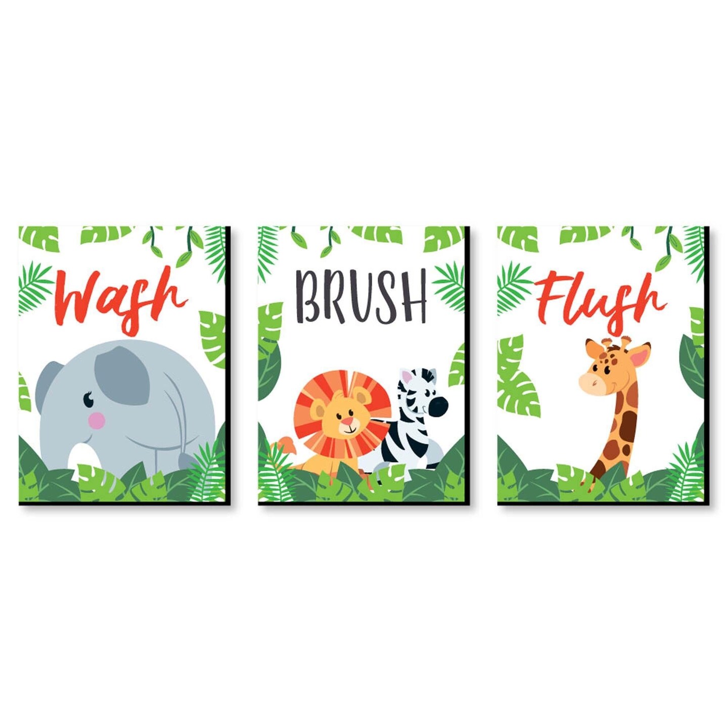 Big Dot of Happiness Jungle Party Animals - Kids Bathroom Rules Wall Art - 7.5 x 10 inches - Set of 3 Signs - Wash, Brush, Flush
