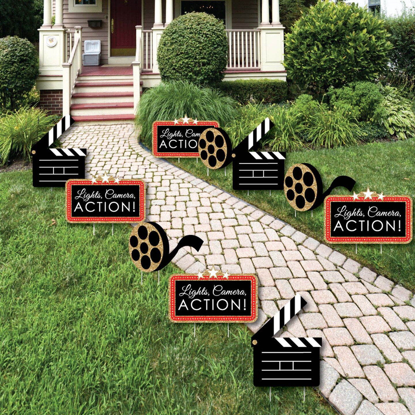 Big Dot of Happiness Red Carpet - Clapboard and Film Reel Lawn Decorations - Outdoor Movie Night Party Yard Decorations - 10 Piece