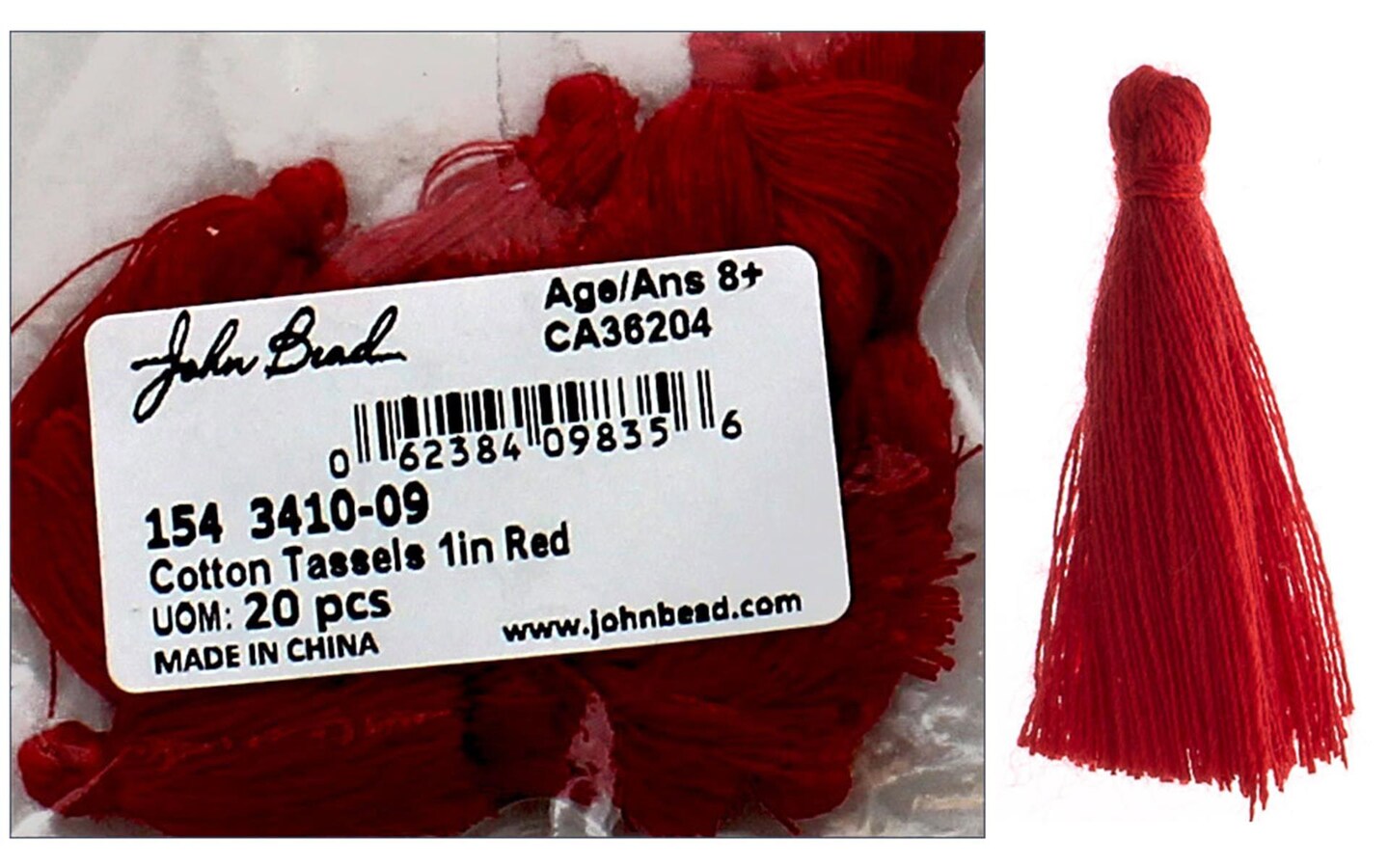 John Bead Tassel 1&#x22; Cotton 20pc Red