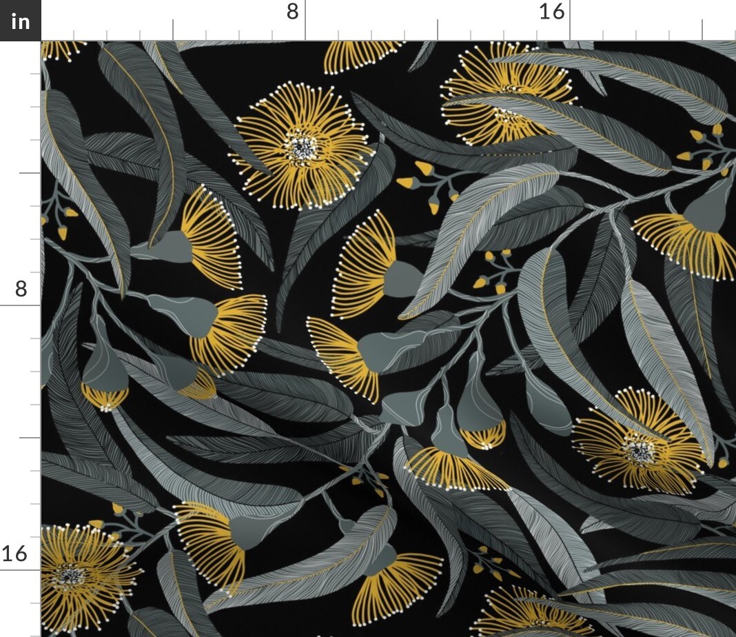 Dark Eucalyptus Australian Floral Gray And Yellow 2021 Colors Color Of The Year Custom Printed Fabric by Spoonflower Various Fabrics by the Yard or Fat Quarter