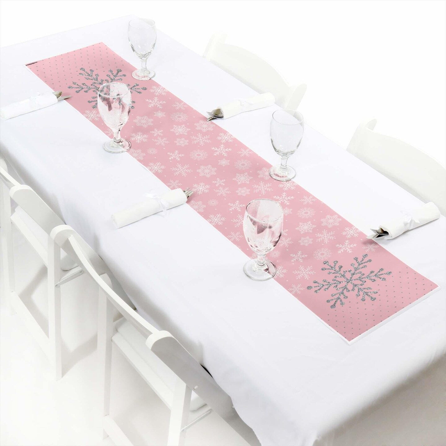 Big Dot of Happiness Pink Winter Wonderland - Petite Holiday Snowflake Birthday Party or Baby Shower Paper Table Runner - 12 x 60 inches