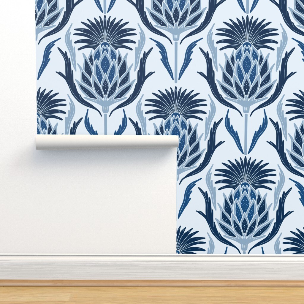 Thistle Damask Blue Plant Art Nouveau Hand Drawn Floral Navy Sky Custom Removable Wallpaper by Spoonflower Peel & Stick Wallpaper 2FT Wide