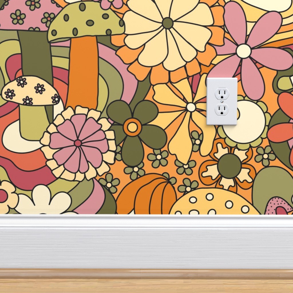 Peel &#x26; Stick Wallpaper 2FT Wide Retro Vintage Floral Retro Hippie Groovy 70S 60S Bohemian Boho Daisy Custom Removable Wallpaper by Spoonflower