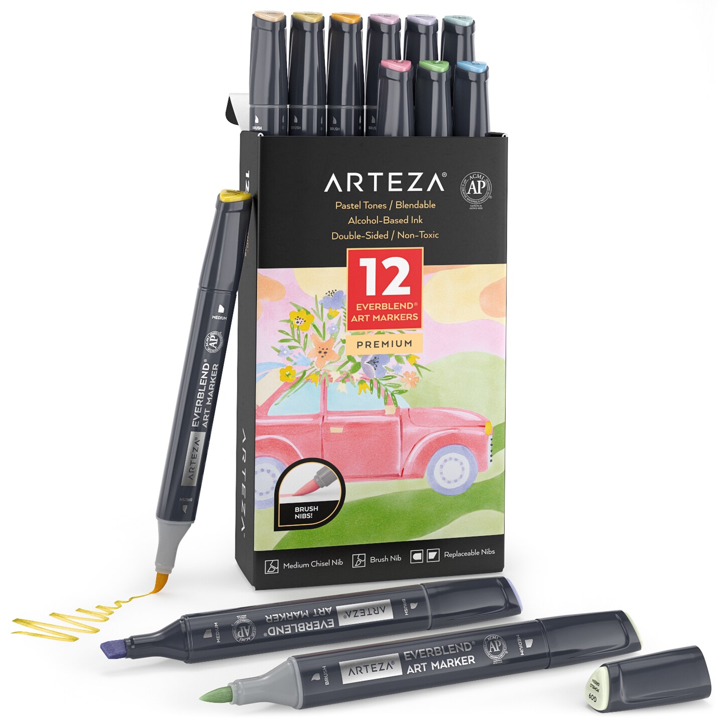Arteza Professional EverBlend Dual Tip Ultra Artist Brush Sketch Markers, Pastel Tones Replaceable Tips - 12 Pack