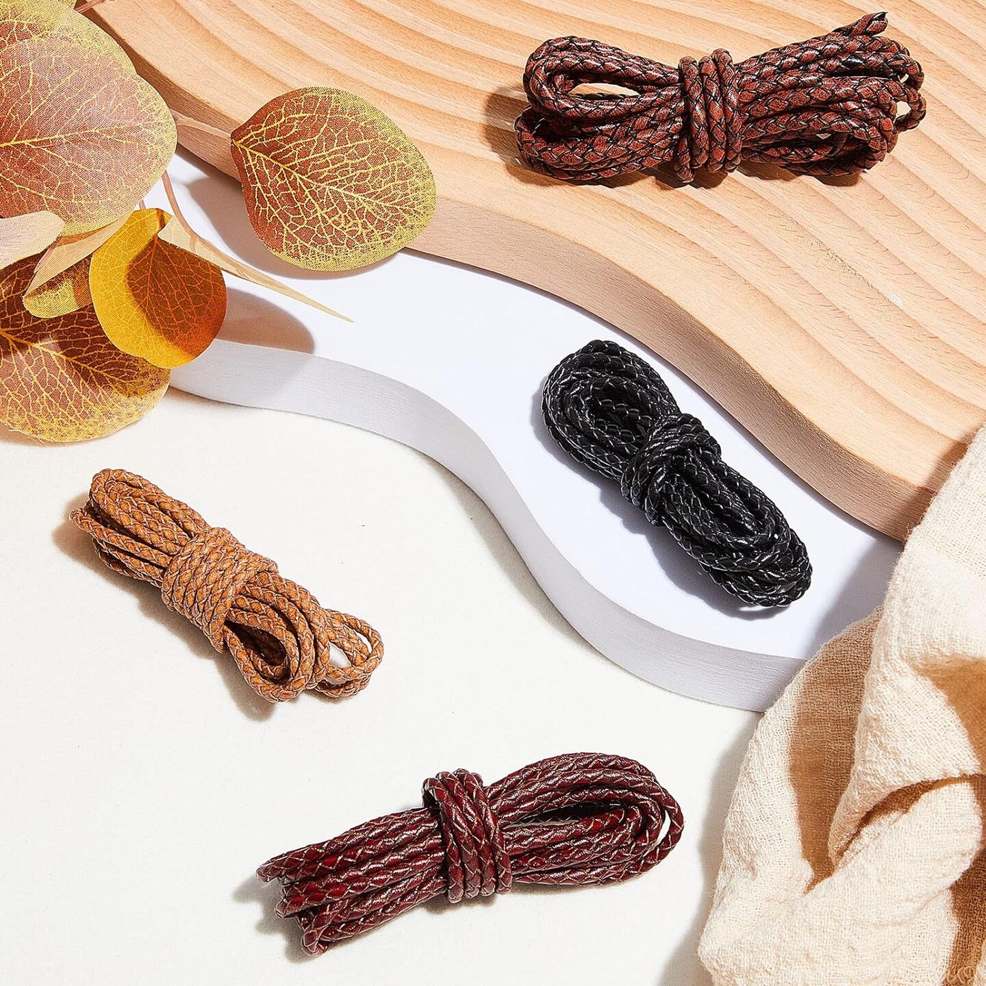 8yd Braided Leather Cord Antique Genuine Leather Strap Folded Bolo Tie Cord Rope Lace for Necklace Bracelet Pendent Jewelry Making Beading Braiding (Black, Brown,tan, Reddish Brown,4 mm)