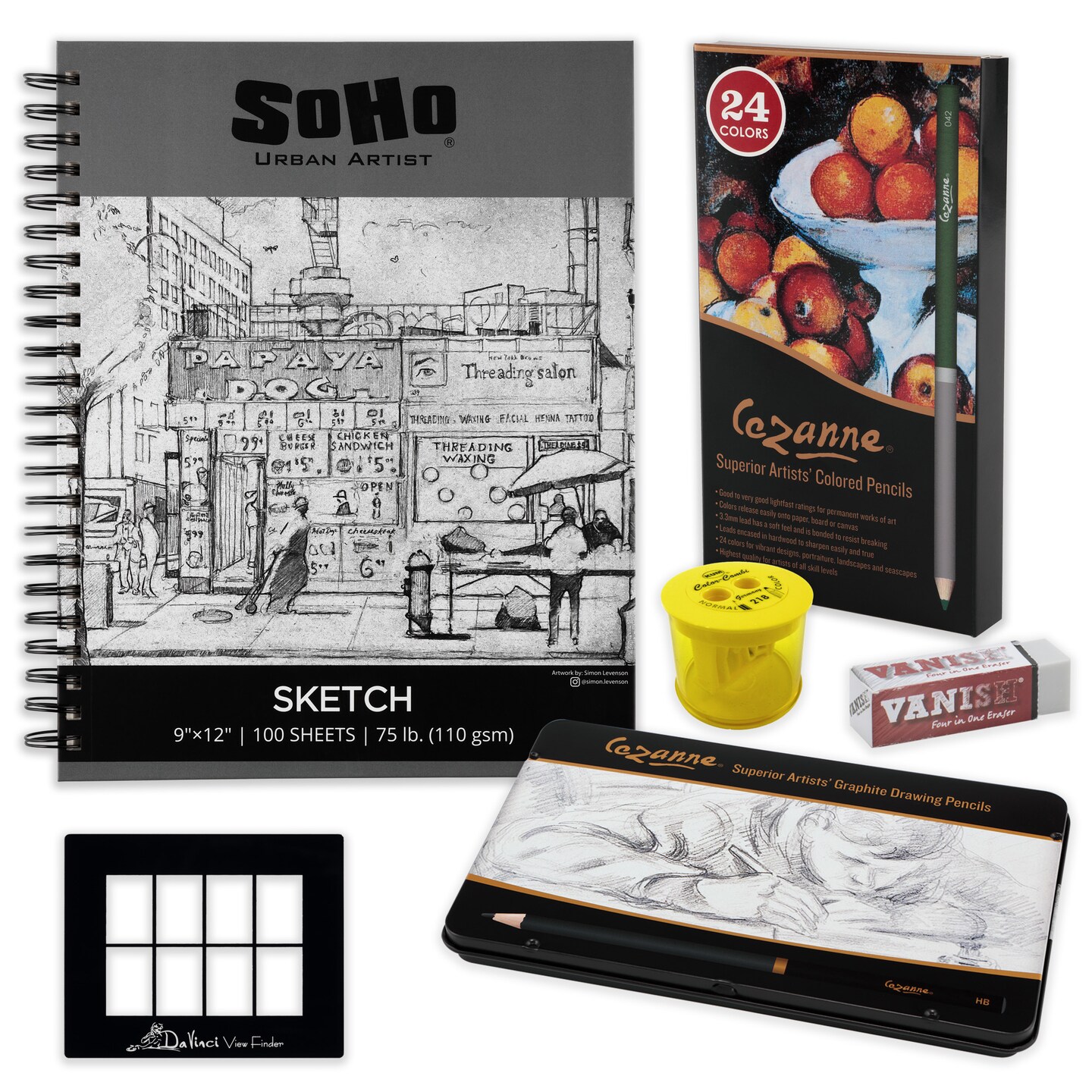 Cezanne Drawing Supplies Staycation Activities - Art Pencils for Sketching, 24 Colored Pencils, 12 Graphite Pencils, 9x12&#x22; Sketchbook Kit, Vanish Eraser, Artist Perspective Tool, Pencil Sharpener