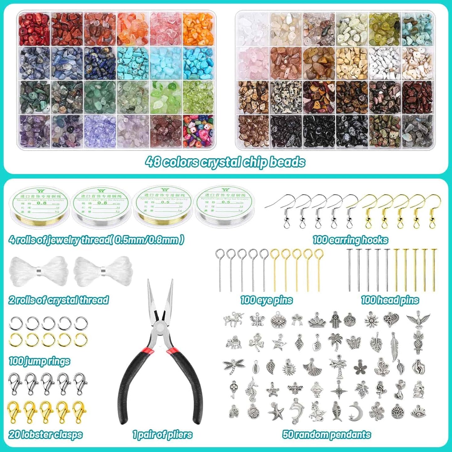 2278Pcs Crystal Beads for Jewelry Making Supplies, 48 Colors Ring Making Kit Crystals Jewelry Making Kit for Adults Bracelet Earring Necklace Making