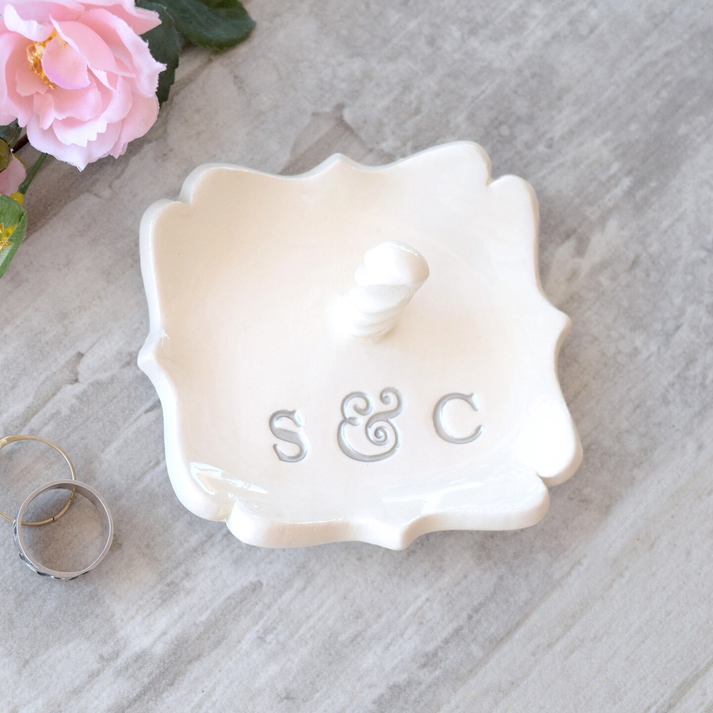 Monogram Ring Cone Gold Silver Initials Personalized Jewelry Post, Custom Wedding Ring Dish Engraved Clay Tray, Couple Anniversary Gift product 3