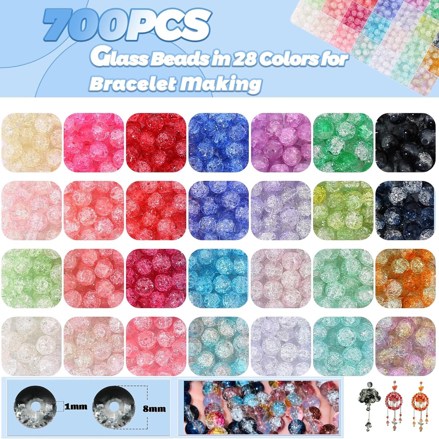 700pcs Crack Glass Beads for Jewelry Making -8MM Beads Bracelet Making Kit with Crystals, Charms, and Friendship Bracelet Beads - Jewelry Making Supplies for Adults and Girls