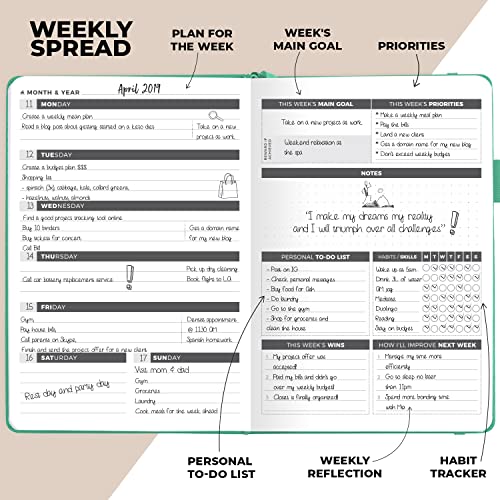 Undated Weekly &#x26; Monthly Planner to Increase Productivity, Time Management and Hit Your Goals &#x2013; Organizer, Gratitude Journal &#x2013; Start Anytime, A5, Lasts 1 Year, Emerald (Weekly)