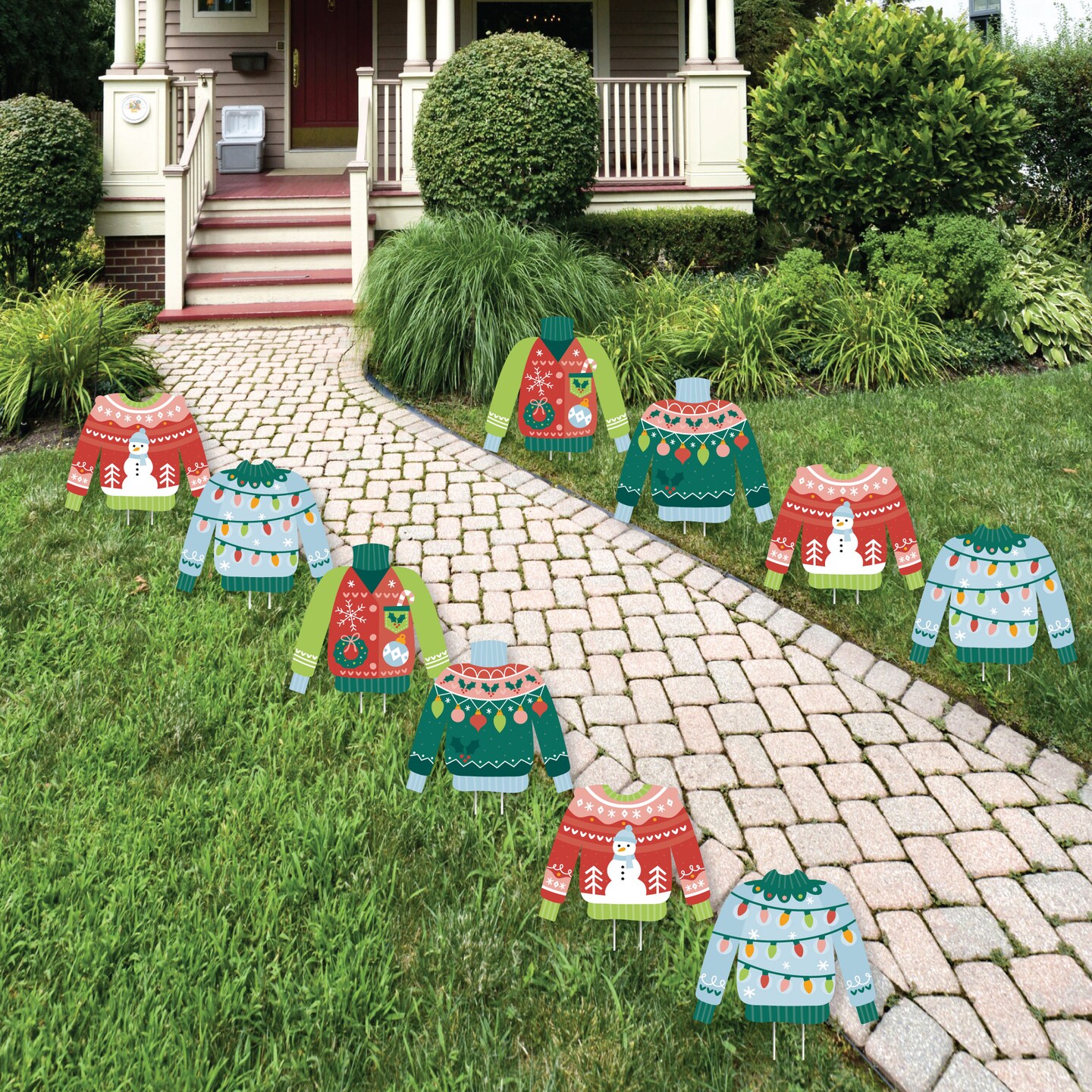 Big Dot of Happiness Colorful Christmas Sweaters - Sweater Lawn Decorations - Outdoor Ugly Sweater Holiday Party Yard Decorations - 10 Piece