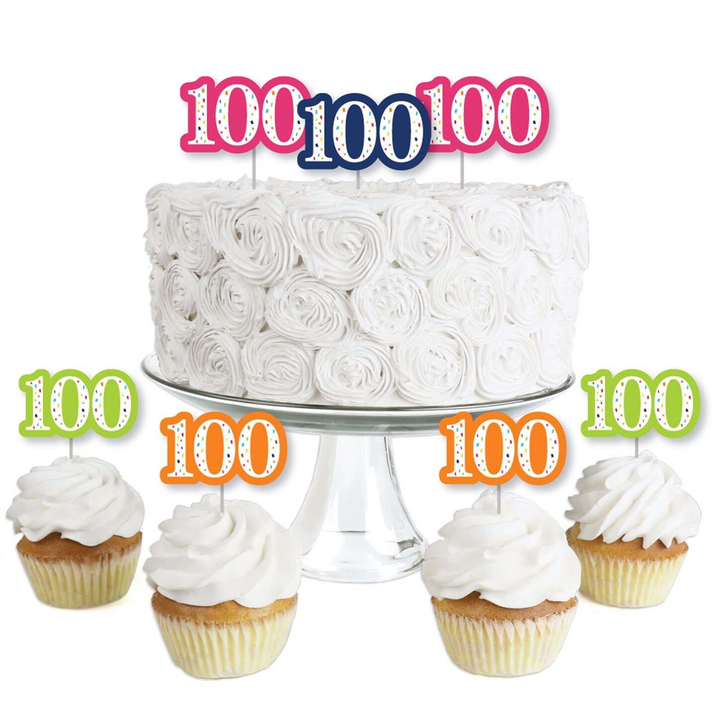 Big Dot of Happiness 100th Birthday - Cheerful Happy Birthday - Dessert Cupcake Toppers - One Hundredth Birthday Clear Treat Picks - Set of 24