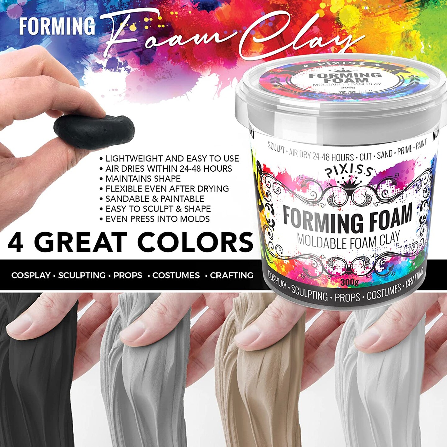 Pixiss Foam Clay Air Dry Modeling Clay 300 Gram Gray - Moldable Cosplay Soft Clay