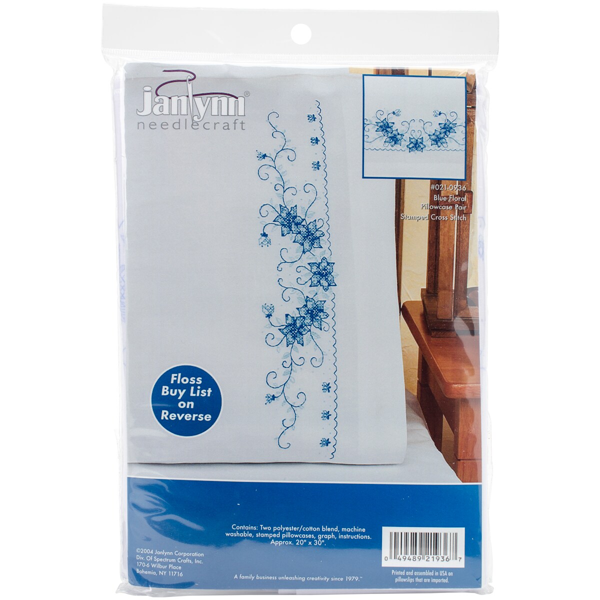 Janlynn Stamped Cross Stitch Pillowcase Pair 20&#x22;X30&#x22;-Blue Floral