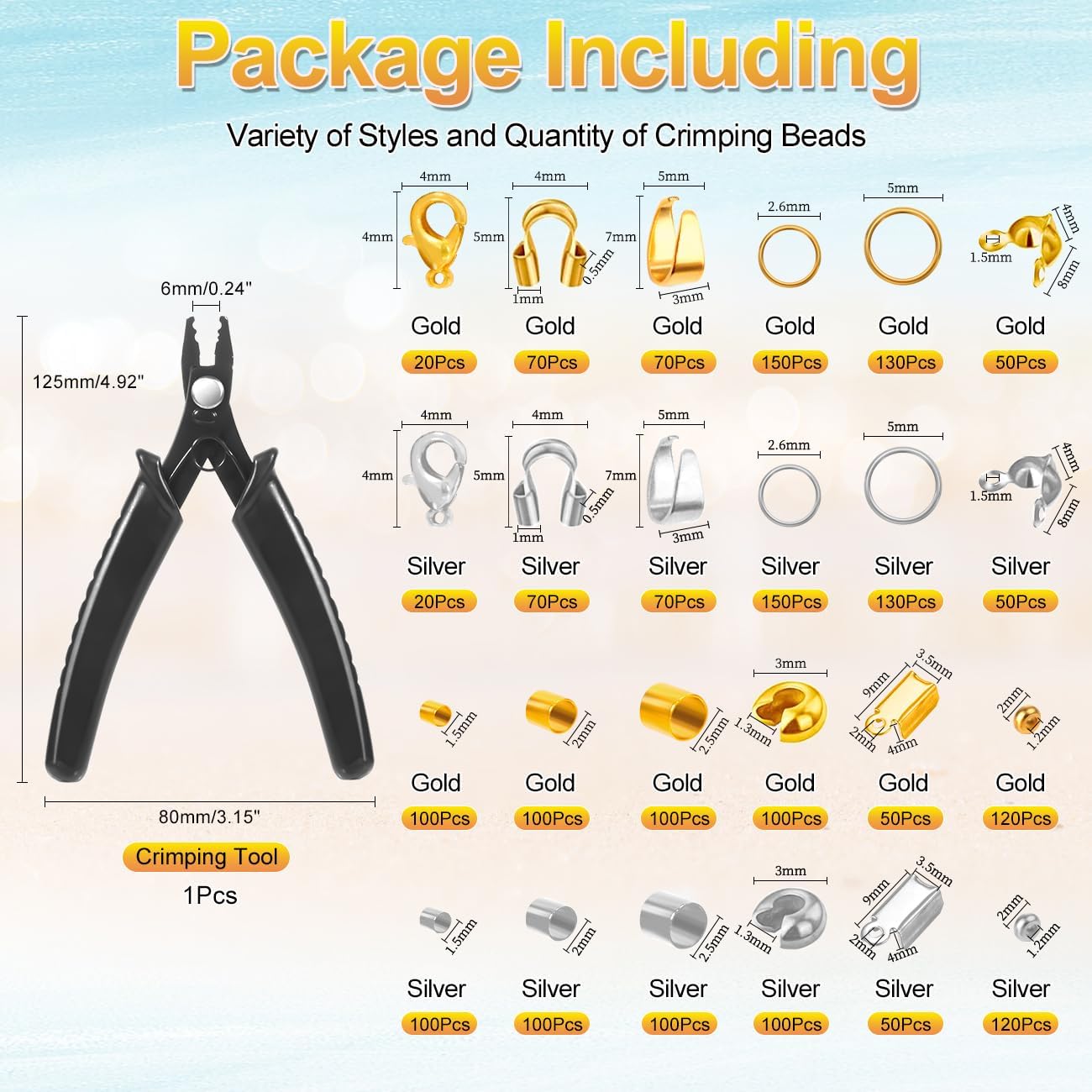 2120 PCS Crimp Beads for Jewelry Making Supplies, Bracelet Clasps and Closures, Golden Silver Crimp Covers & Tubes, Lobster Clasp Crimping Pliers and Beading Wire